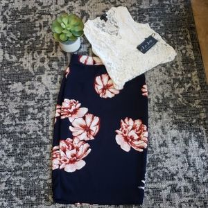 Pencil Skirt Med Navy Blue/ rose tone flowers